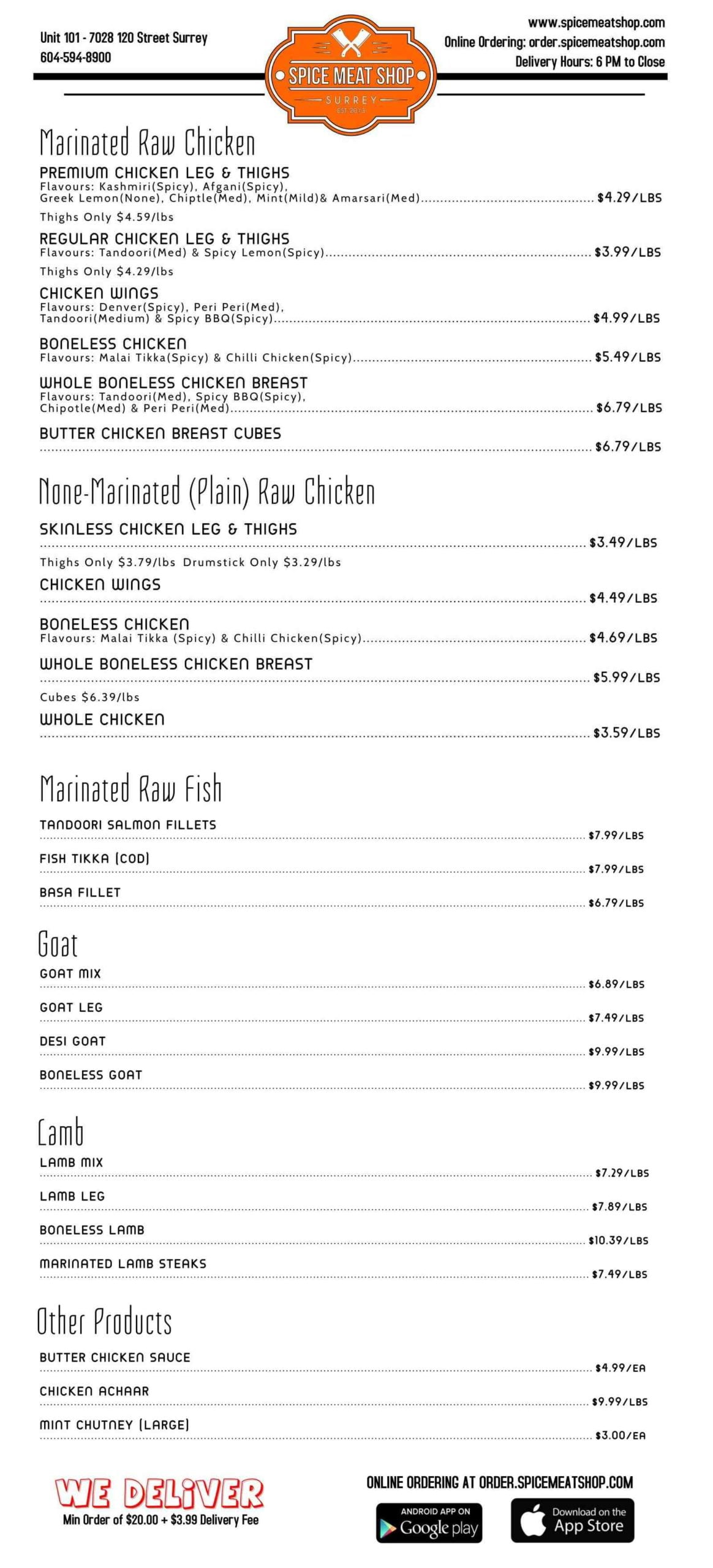 Raw Products Menu, Spice Meat Shop, Surrey, Delta, BC Spice Meat Shop